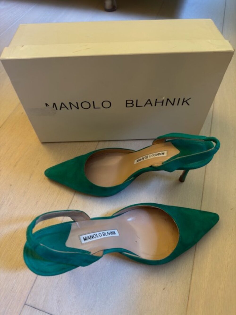 Manolo Blahnik Green Suede Pointed-Toe Slingback Heels, size 36.5 (US 6.5)